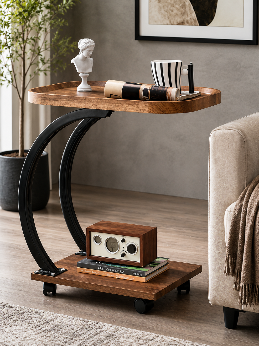 Industrial C-Frame Side Table with Wheels AJWPK