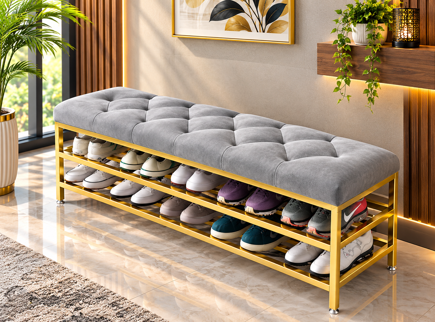 Tufted Storage Bench with Shoe Rack AJWPK