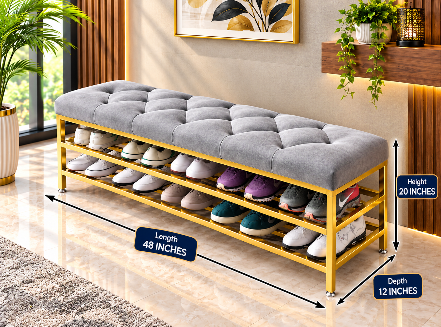 Tufted Storage Bench with Shoe Rack AJWPK