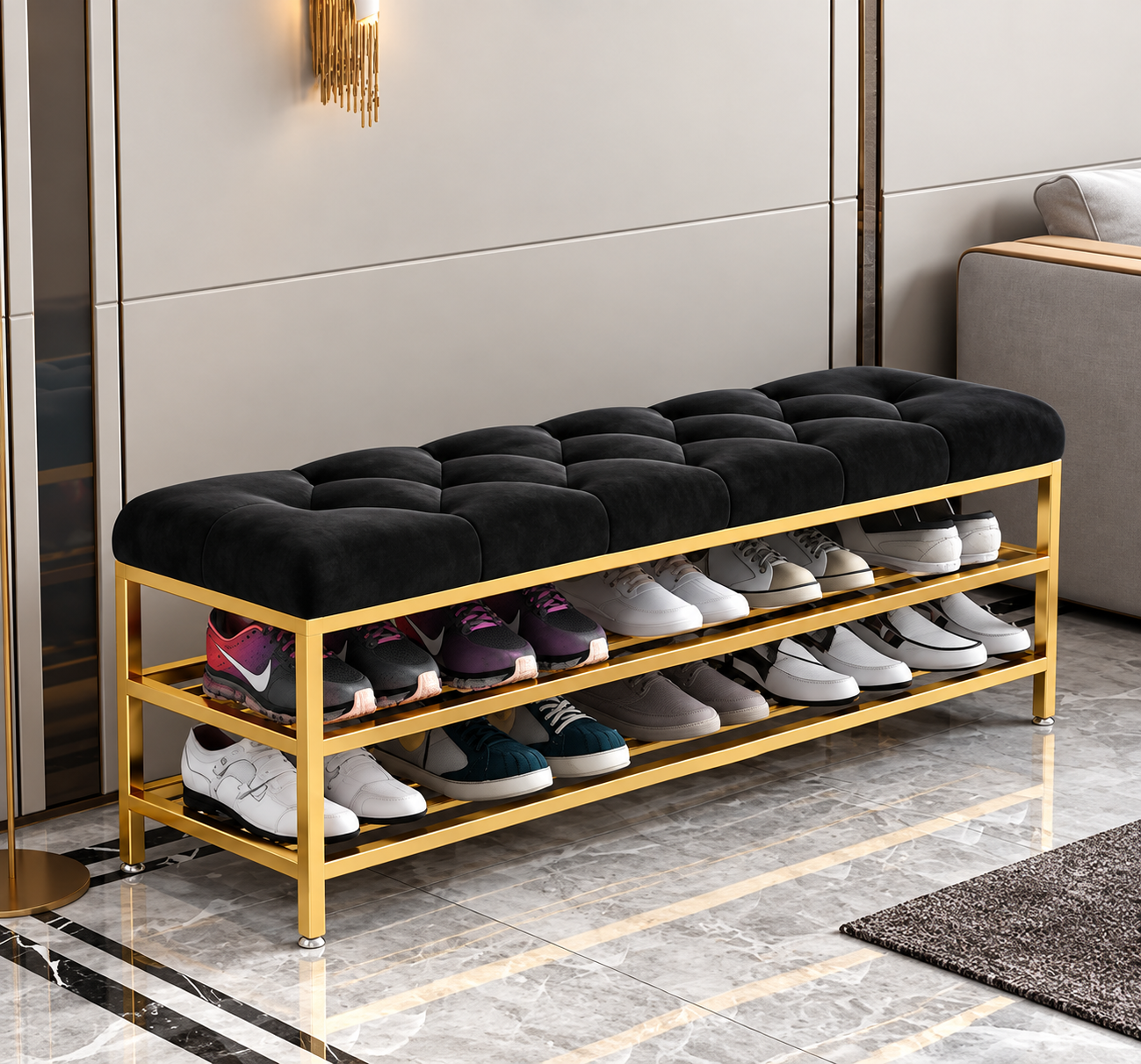 Tufted Storage Bench with Shoe Rack AJWPK